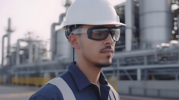 A man wearing a white helmet and glasses stands in front of a factory.