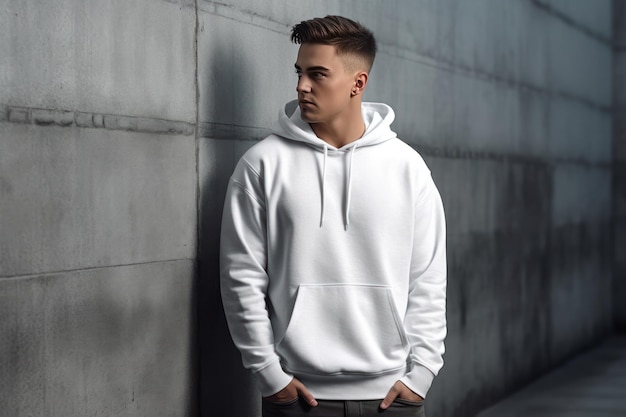 A man wearing a white hoodie with the word's on it