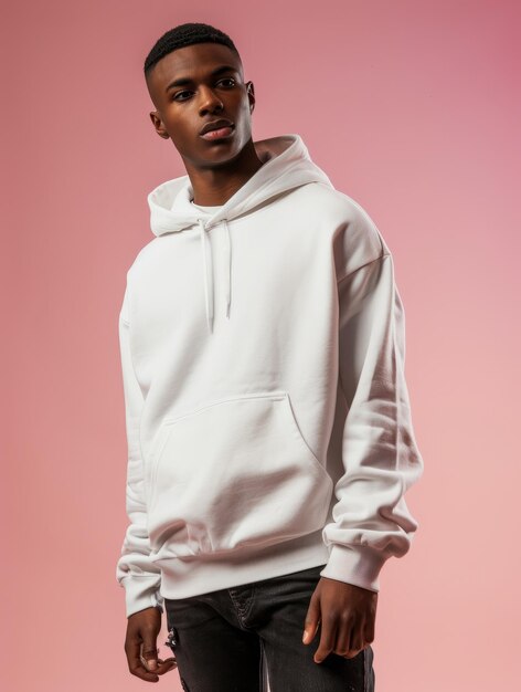 Photo man wearing white pullover hoodie with black jeans isolated on plain background