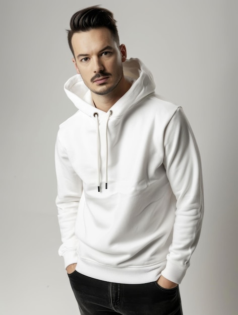 Photo man wearing white pullover hoodie with black jeans isolated on plain background