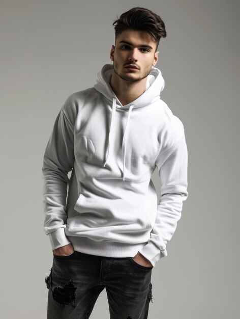 Photo man wearing white pullover hoodie with black jeans isolated on plain background