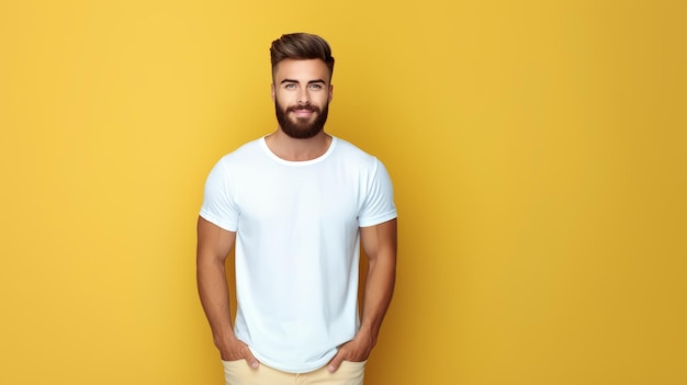 Man wearing white shirt mockup at yellow background Tshirt mockup