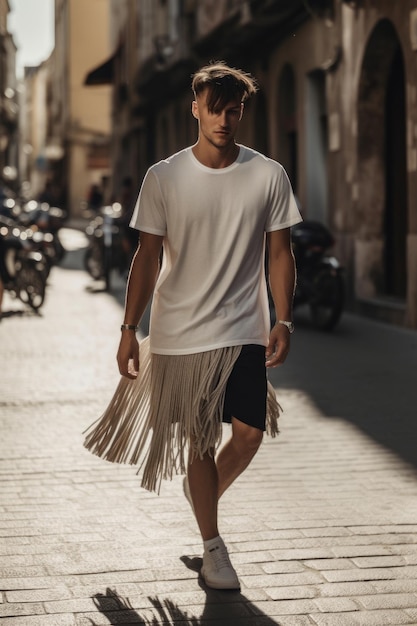 A man wearing a white shirt and a skirt walks down a street.