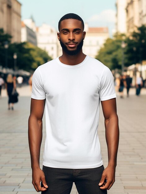 a man wearing a white shirt that says " t - shirt ".