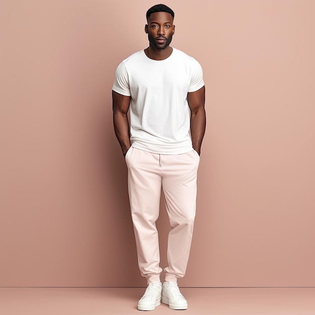 a man wearing a white shirt and white shoes stands in front of a pink wall