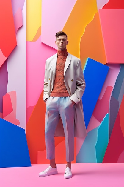 a man wearing a white suit and a red shirt stands in front of a colorful wall with a colorful background.