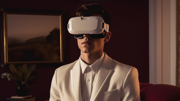Мужчина в белом костюме и белом костюме с очками виртуальной реальности.