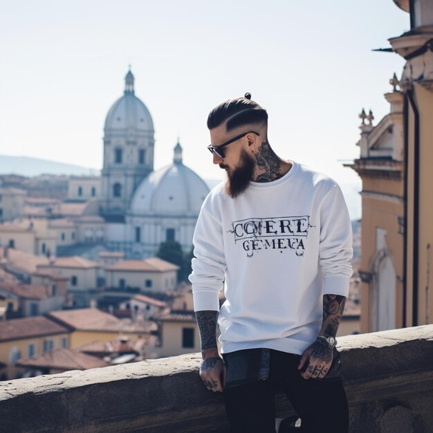 a man wearing a white sweater with the words " no one is standing on a wall.