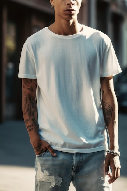 A man wearing a white t - shirt and jeans stands on a street.