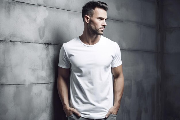 A man wearing a white t - shirt stands against a grey wall.