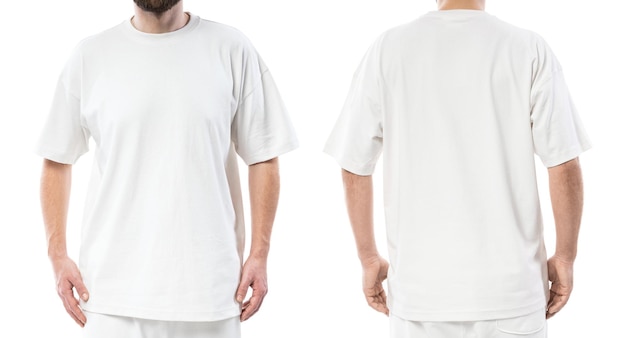 Man wearing white t-shirt with a blank space for design isolated on white background