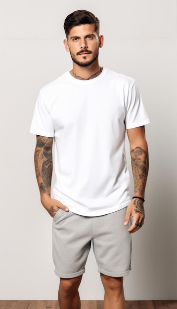 a man wearing a white t - shirt with a tattoo on his chest