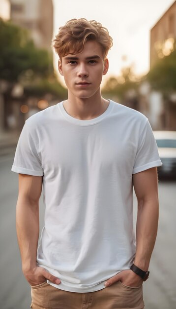 A man wearing a white tshirt for a tshirt designer template