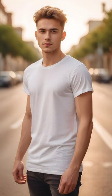 A man wearing a white tshirt for a tshirt designer template