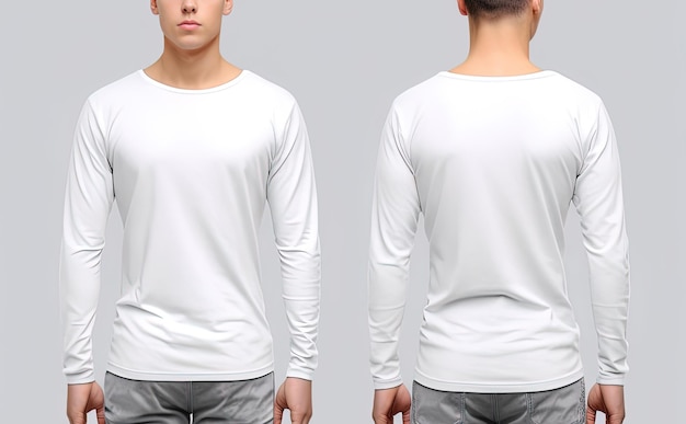 Man wearing a white Tshirt with long sleeves Front and back view