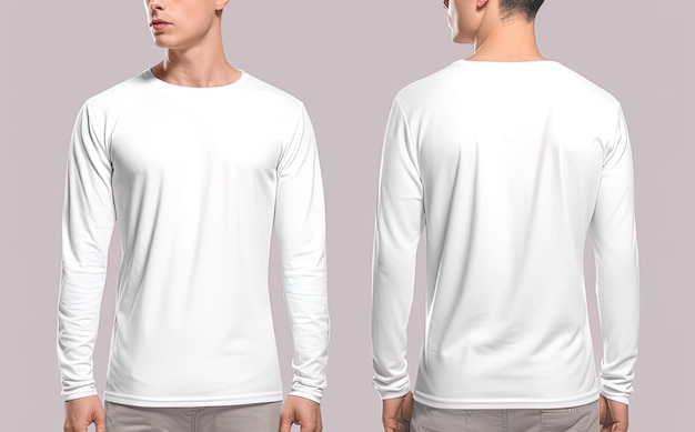 Man wearing a white Tshirt with long sleeves Front and back view