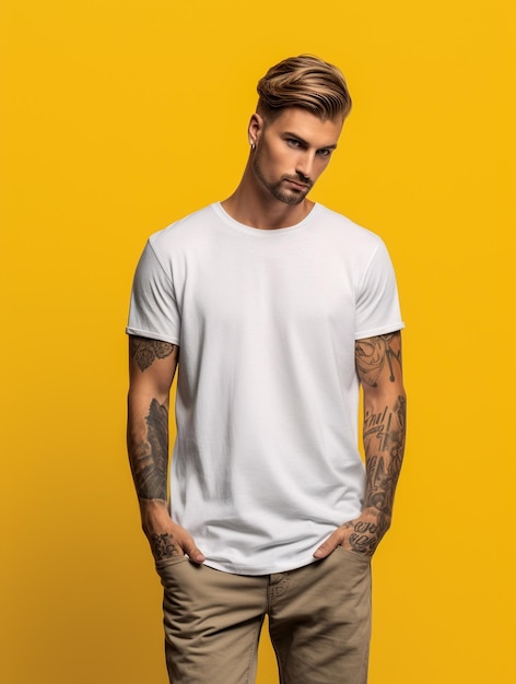 Man wearing white tshirt on yellow background closeup mockup for design