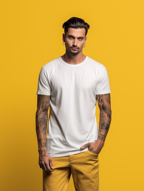 黄色い背景のクローズアップに白いTシャツを着た男性デザインのためのモックアップ