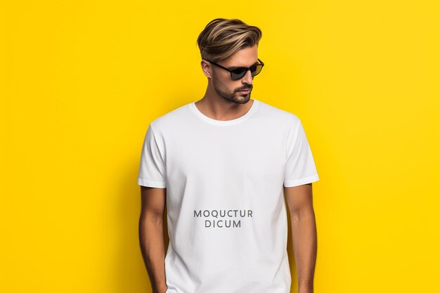 Man wearing white tshirt on yellow background closeup Mockup for design