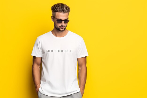 Man wearing white tshirt on yellow background closeup mockup for design