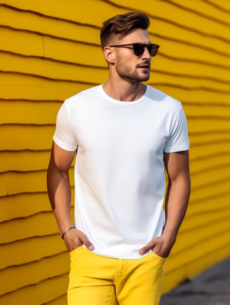 Man wearing white tshirt on yellow background closeup mockup for design