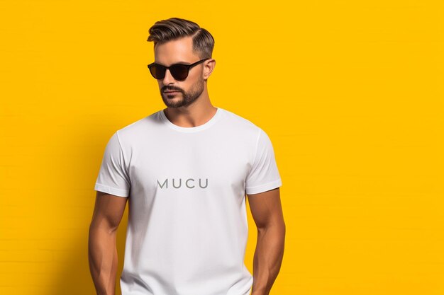 Man wearing white tshirt on yellow background closeup mockup for design