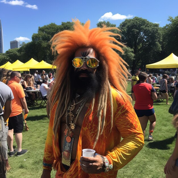 Photo a man wearing a wig and a shirt with a sign that says  the word  on it