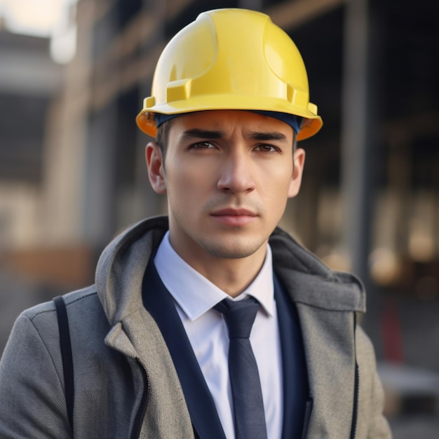 A man wearing a yellow hard hat and a grey suit.