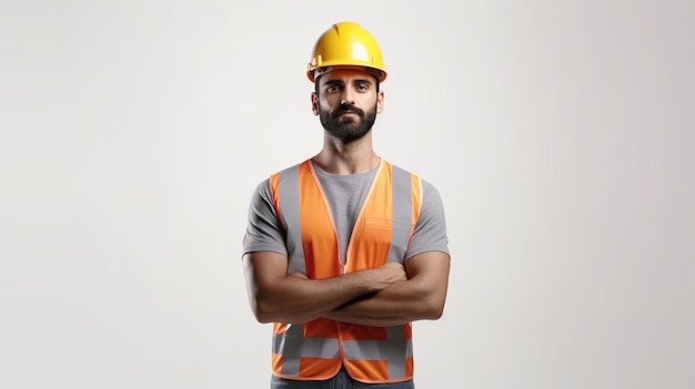 A man wearing a yellow hard hat and orange vest stands with his arms crossed