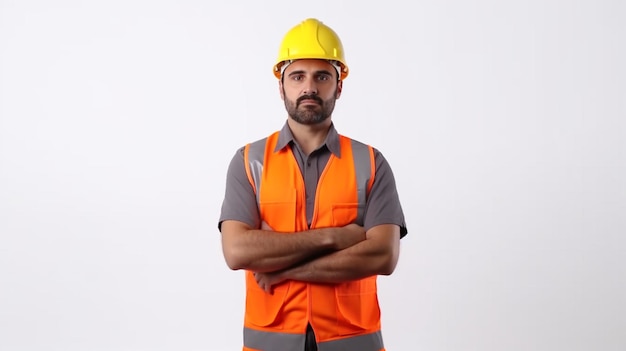 A man wearing a yellow hard hat and orange vest stands with his arms crossed