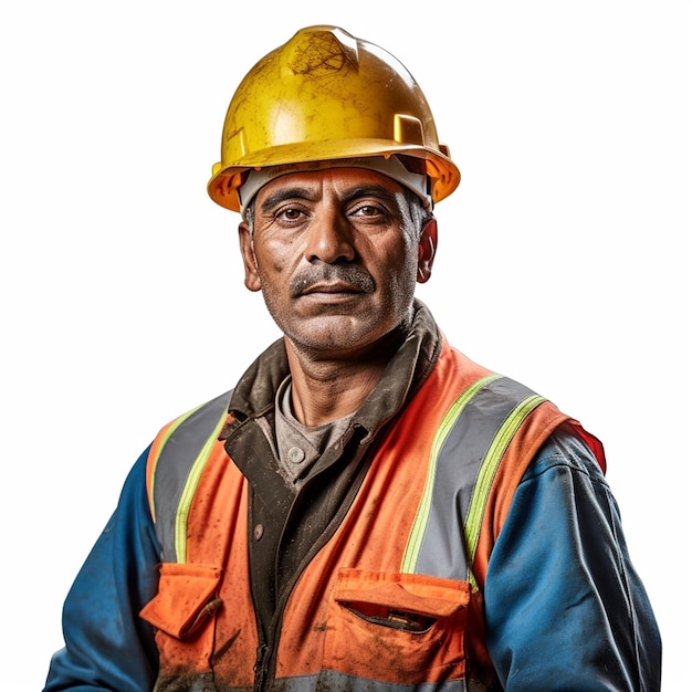 A man wearing a yellow hard hat and orange vest with a star on it.