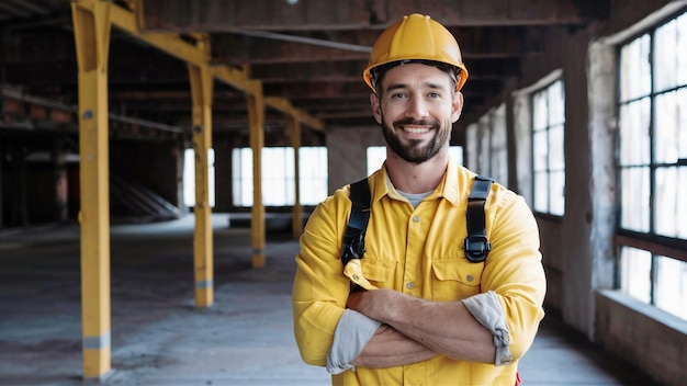 a man wearing a yellow hard hat stands in a warehouse