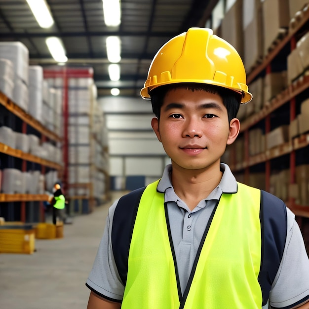 A man wearing a yellow hard hat in a warehouse with boxes on the shelves.