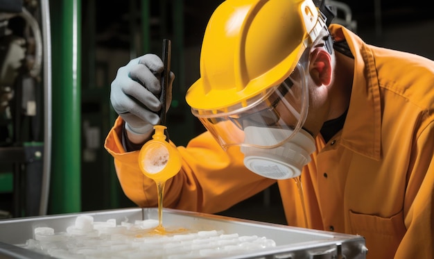 A man wearing a yellow hard hat and yellow hard hat holds a piece of metal with a yellow cover.