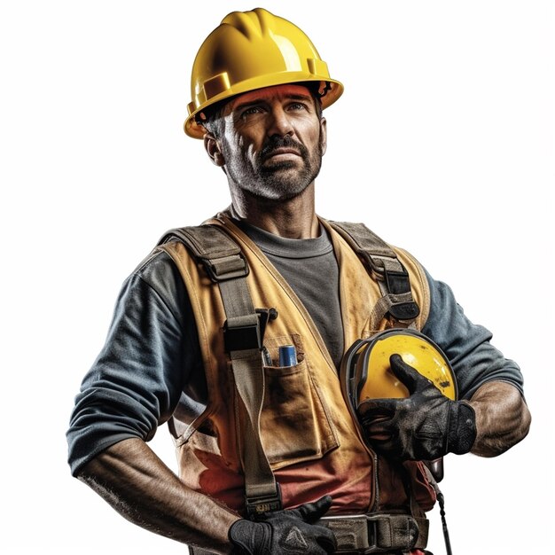 A man wearing a yellow hard hat and a yellow hard hat holds a tool in his hands.