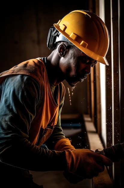 A man wearing a yellow hard hat and a yellow hard hat is working on a piece of wood.