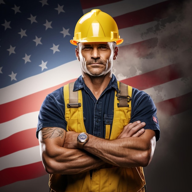 a man wearing a yellow hard hat and a yellow hard hat stands in front of a flag.