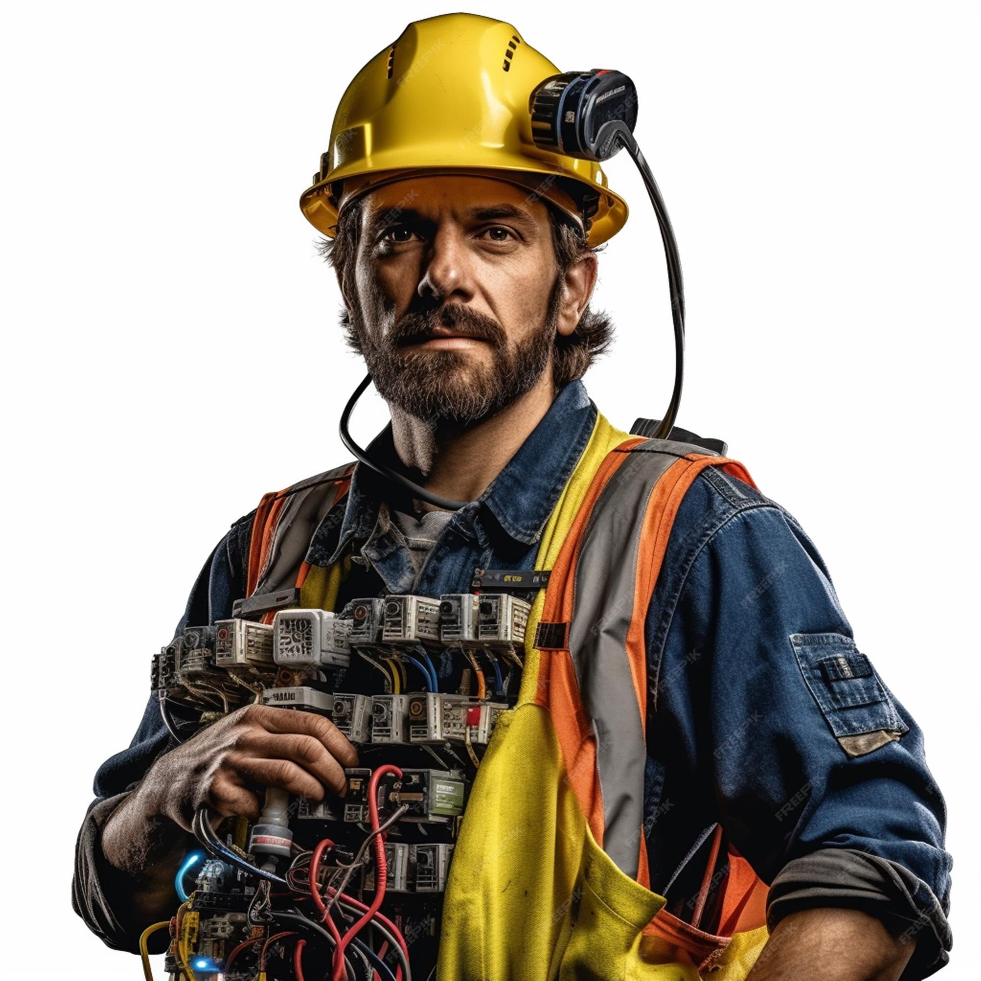 Premium AI Image A man wearing a yellow hard hat and a yellow hard hat with a blue and orange