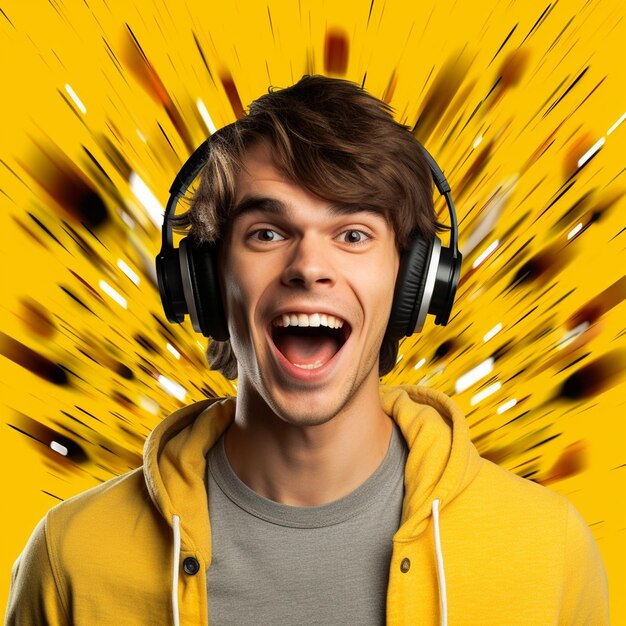 A man wearing a yellow hoodie with headphones on