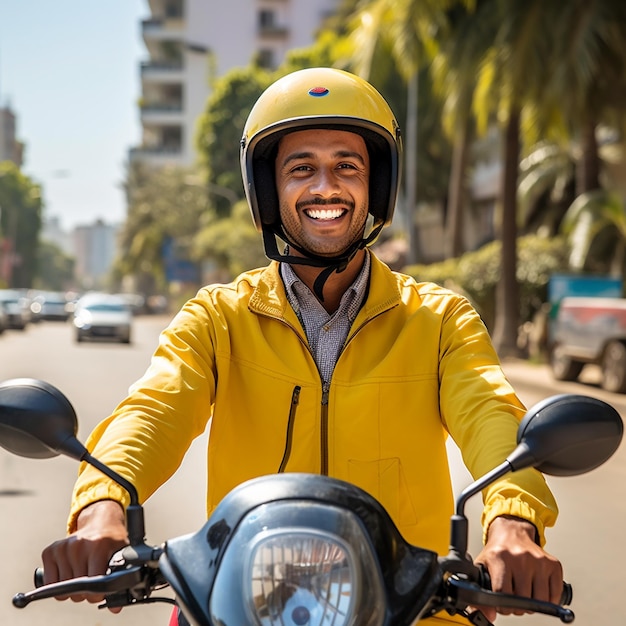 黄色いジャケットを着た男性がバイクに乗っている