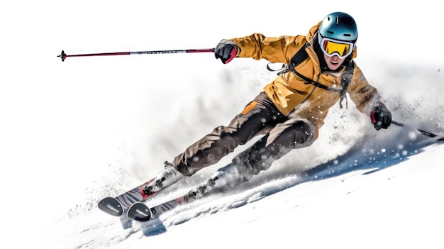 a man wearing a yellow jacket is skiing in the snow.