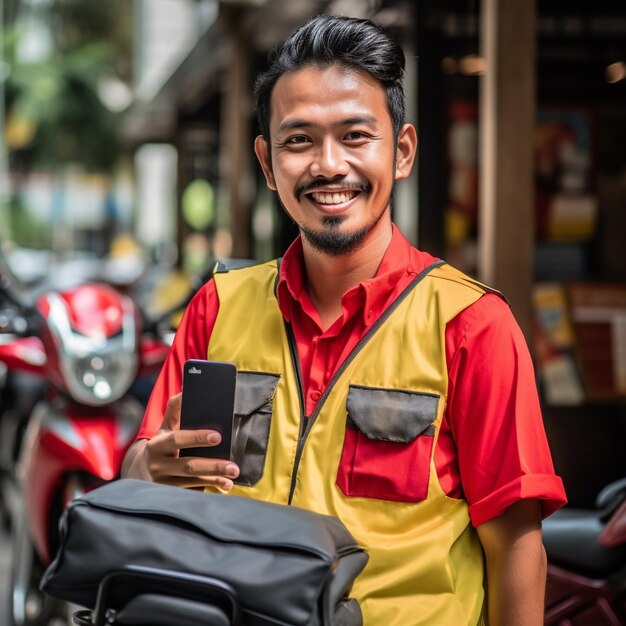 a man wearing a yellow and red shirt holding a phone