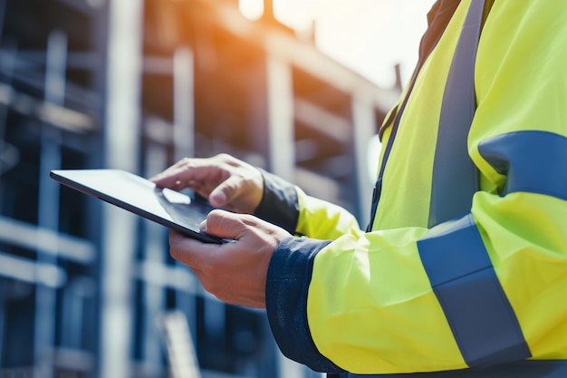 Foto un uomo che indossa un giubbotto di sicurezza giallo è visto in un cantiere di costruzione che usa attivamente un tablet