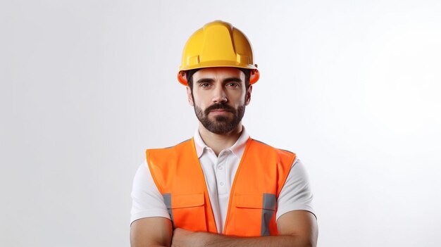 A man wearing a yellow safety vest and a white shirt stands with his arms crossed