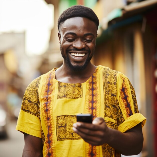 a man wearing a yellow shirt is smiling and looking at his phone