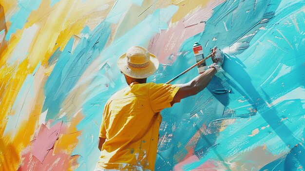 A man wearing a yellow shirt and a straw hat is spray painting a colorful mural on a wall The mural is made up of bright abstract shapes and colors