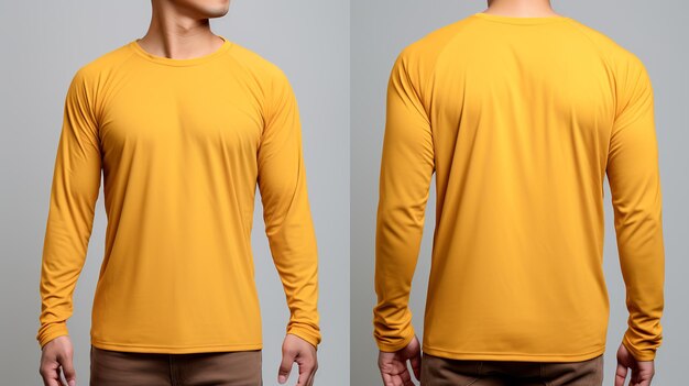 Photo man wearing a yellow t shirt with long sleeves front and back view on gray background mockup