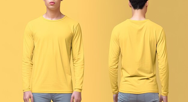 Man wearing a yellow tshirt with long sleeves front and back view