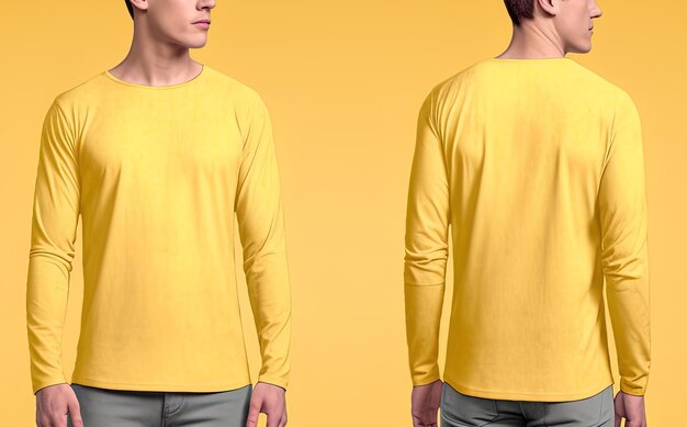 Photo man wearing a yellow tshirt with long sleeves front and back view