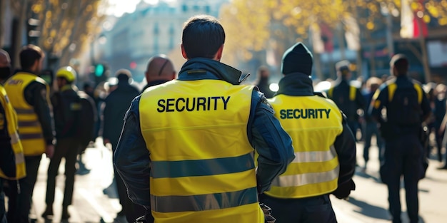 a man wearing a yellow vest with the word security on it